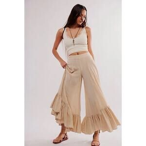 Free People Summer Kiss Godet Pants Bleach Sand XS Wide Leg Ruffle Hem Boho
